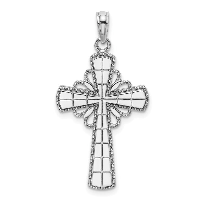 Million Charms 14K White Gold Themed With Beaded Edge & Grid Accent Relgious Cross Charm