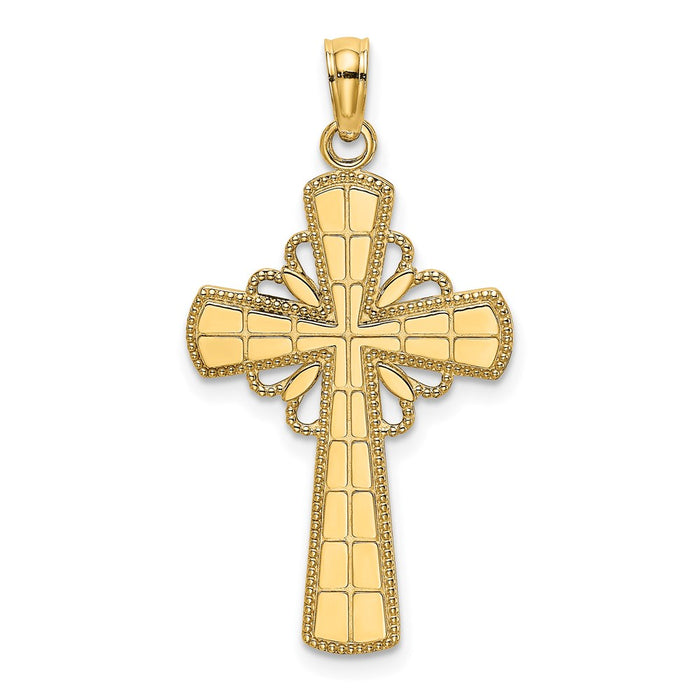 Million Charms 14K Yellow Gold Themed Polished With Beaded Edge & Grid Accent Relgious Cross Charm