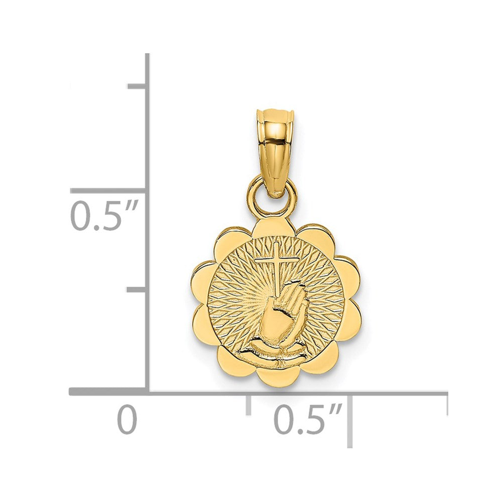 Million Charms 14K Yellow Gold Themed Praying Hands & Relgious Cross On Scalloped Round Disk Charm