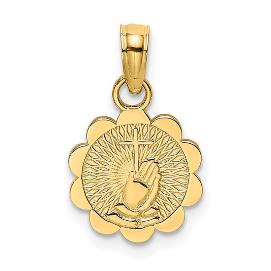 Million Charms 14K Yellow Gold Themed Praying Hands & Relgious Cross On Scalloped Round Disk Charm