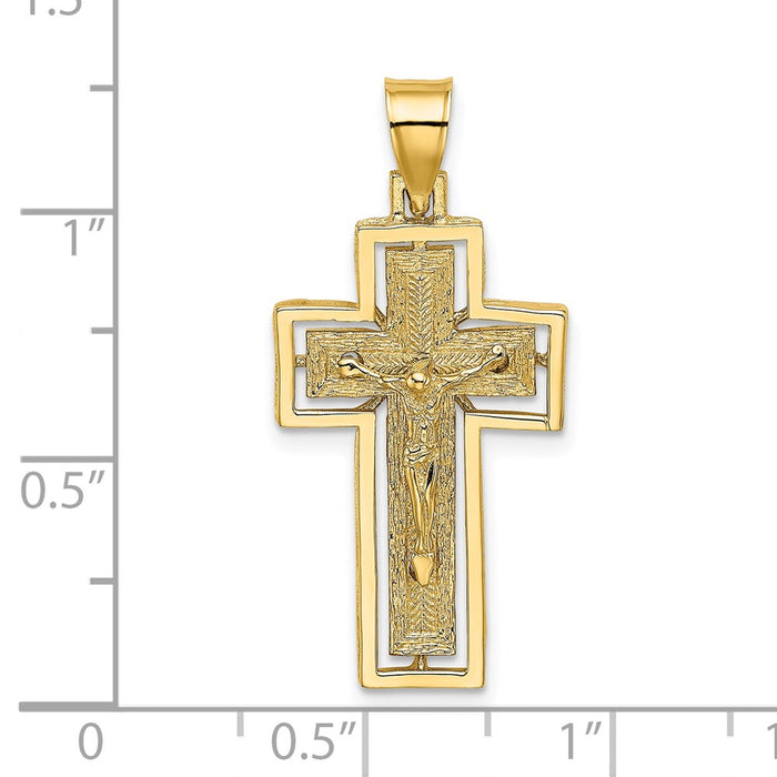 Million Charms 14K Yellow Gold Themed Textured Relgious Crucifix With Frame Charm