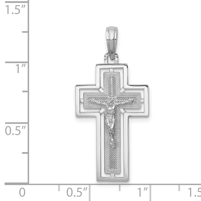 Million Charms 14K White Gold Themed Textured Relgious Crucifix With Frame Charm