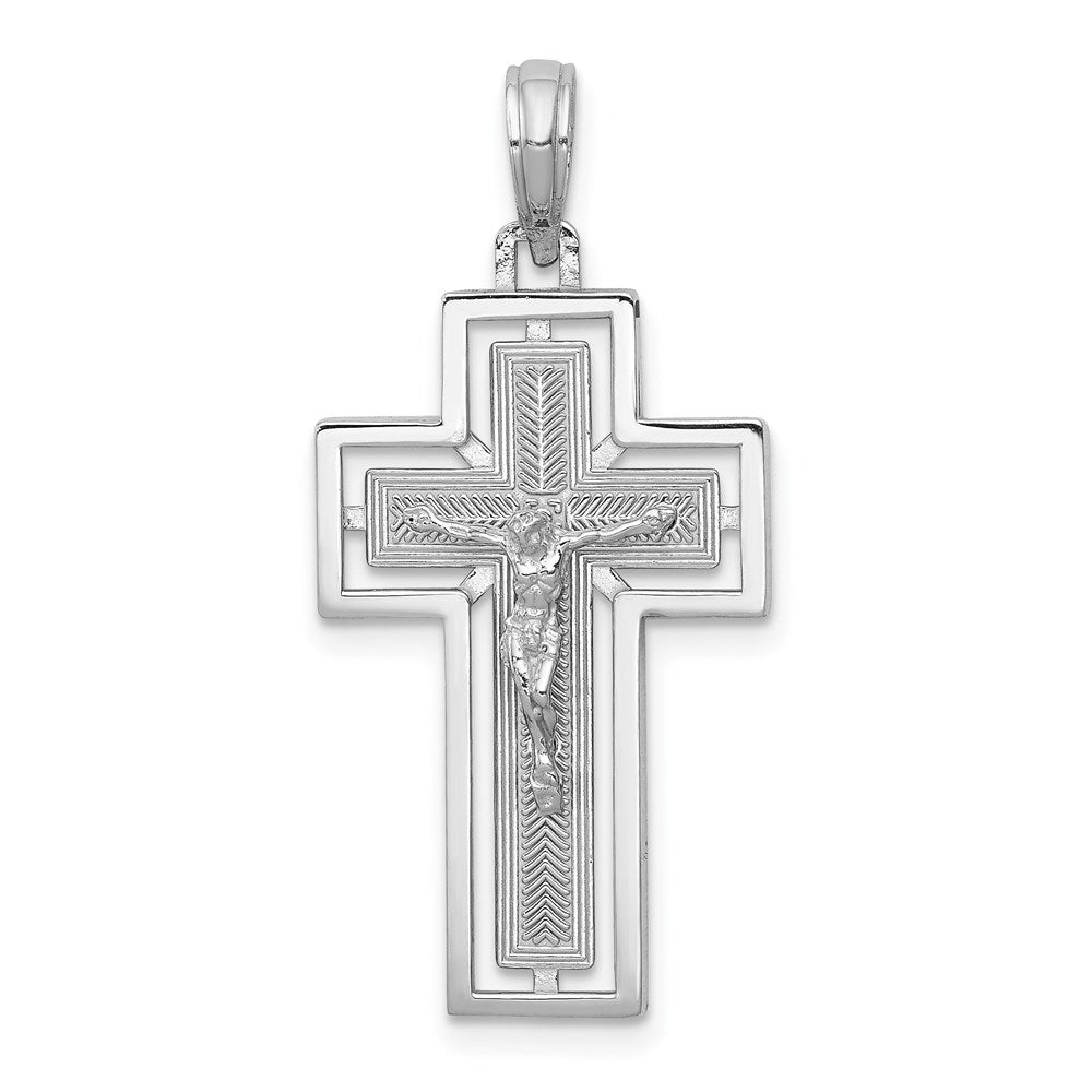 Million Charms 14K White Gold Themed Textured Relgious Crucifix With Frame Charm