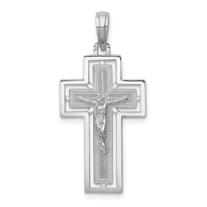 Million Charms 14K White Gold Themed Textured Relgious Crucifix With Frame Charm