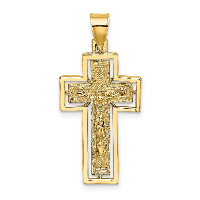 Million Charms 14K Yellow Gold Themed Textured Relgious Crucifix With Frame Charm