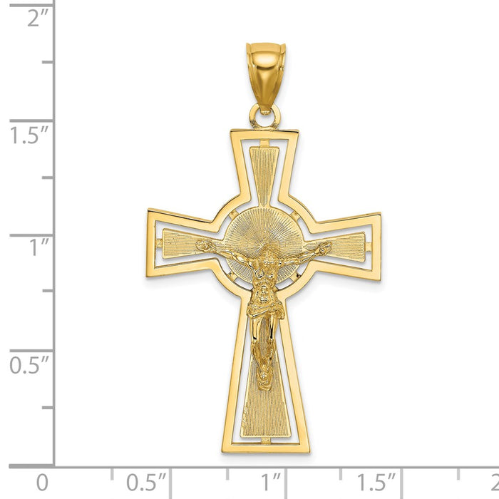 Million Charms 14K Yellow Gold Themed Cut-Out Relgious Crucifix With Center Circle Charm