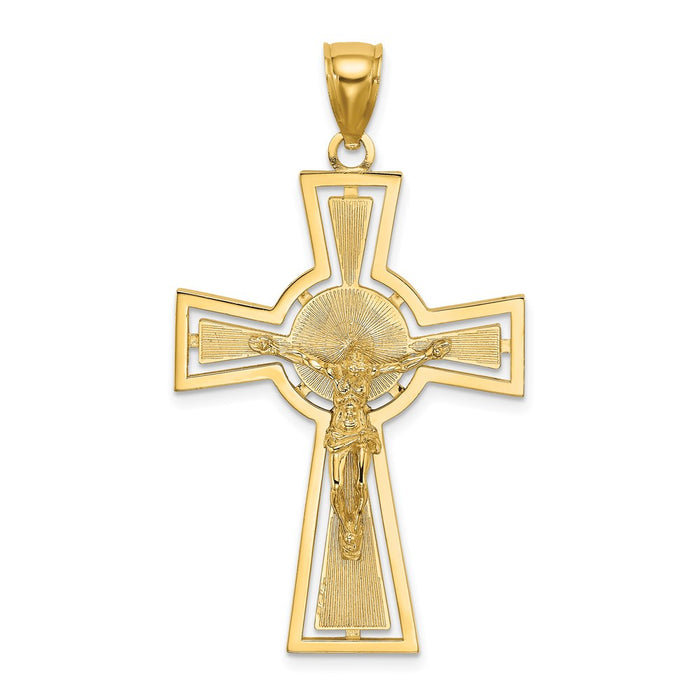 Million Charms 14K Yellow Gold Themed Cut-Out Relgious Crucifix With Center Circle Charm