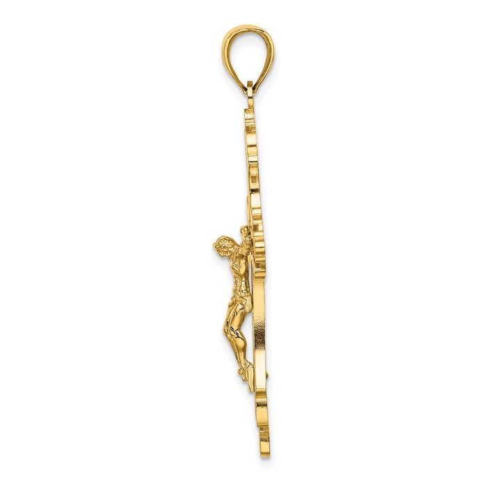 Million Charms 14K Yellow Gold Themed Textured & Cut-Out Relgious Crucifix With Spade Tips Charm