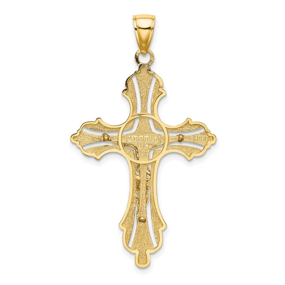 Million Charms 14K Yellow Gold Themed Textured & Cut-Out Relgious Crucifix With Spade Tips Charm
