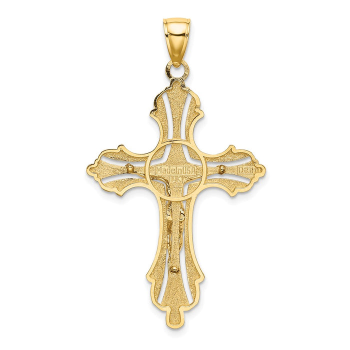 Million Charms 14K Yellow Gold Themed Textured & Cut-Out Relgious Crucifix With Spade Tips Charm