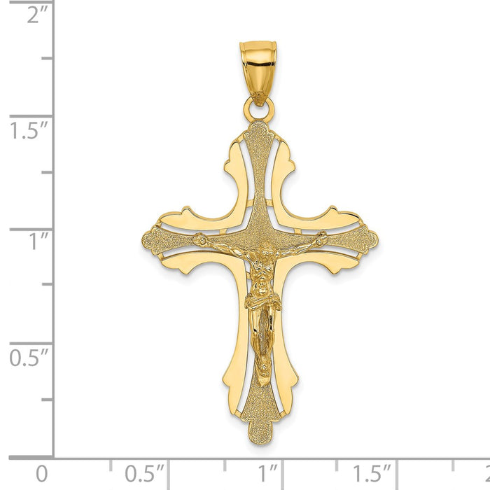 Million Charms 14K Yellow Gold Themed Textured & Cut-Out Relgious Crucifix With Spade Tips Charm