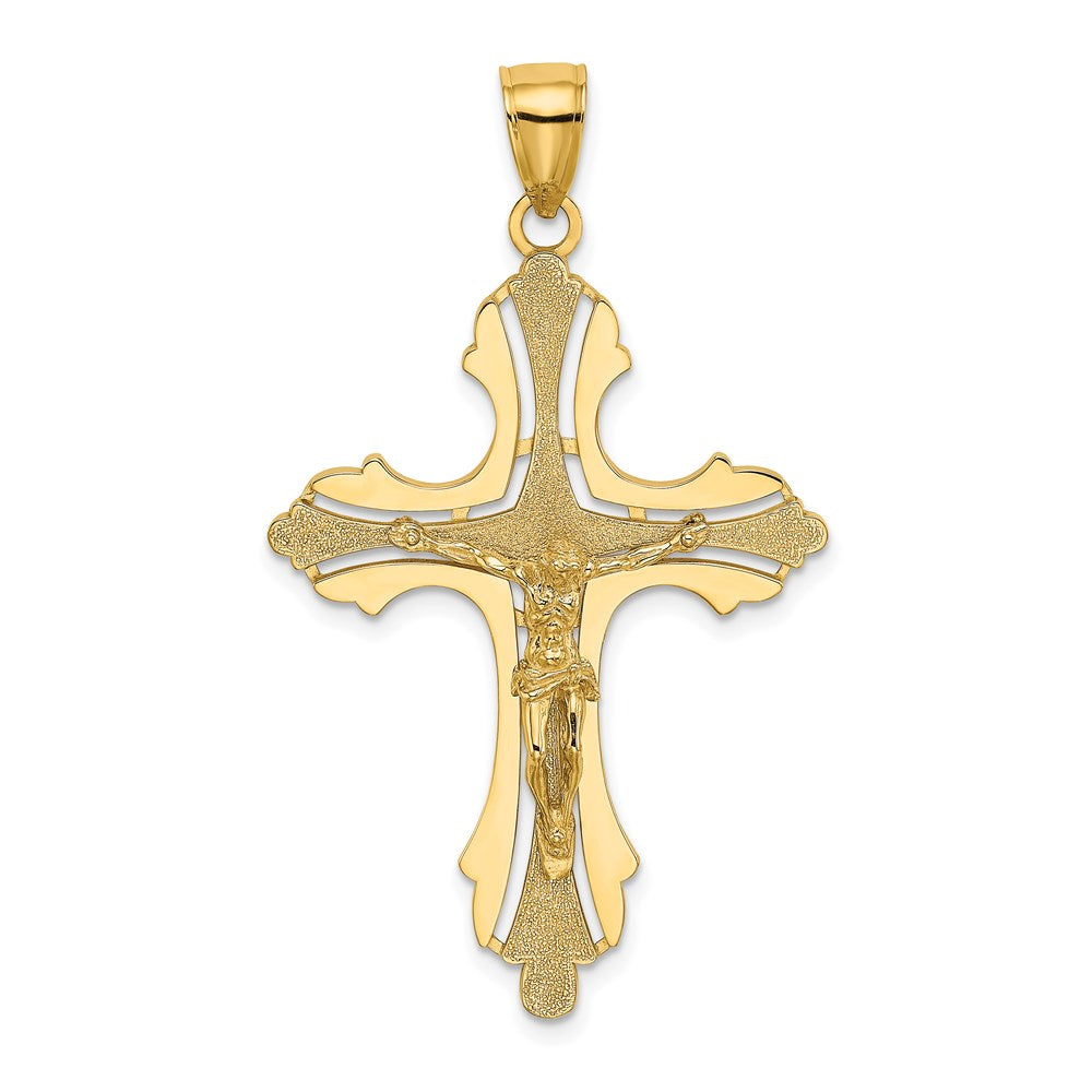 Million Charms 14K Yellow Gold Themed Textured & Cut-Out Relgious Crucifix With Spade Tips Charm
