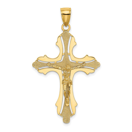 Million Charms 14K Yellow Gold Themed Textured & Cut-Out Relgious Crucifix With Spade Tips Charm