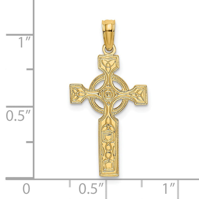 Million Charms 14K Yellow Gold Themed Engraved Celtic Relgious Cross With Eternity Circle Charm