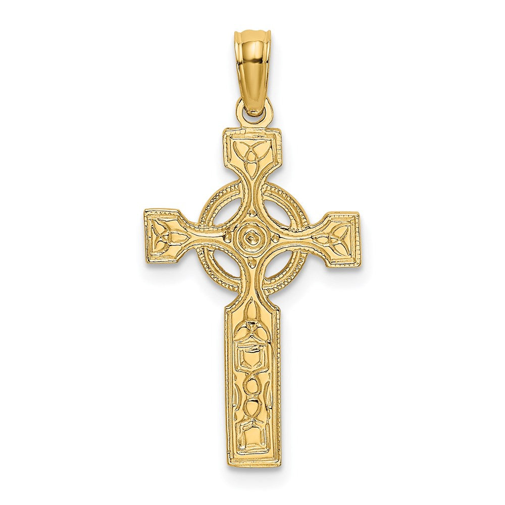 Million Charms 14K Yellow Gold Themed Engraved Celtic Relgious Cross With Eternity Circle Charm