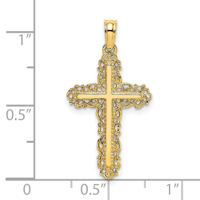 Million Charms 14K Yellow Gold Themed Relgious Cross With Filigree Lace Trim Charm