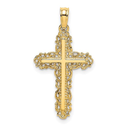 Million Charms 14K Yellow Gold Themed Relgious Cross With Filigree Lace Trim Charm