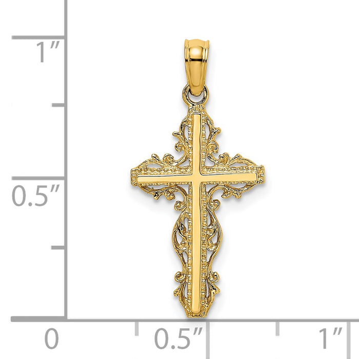 Million Charms 14K Yellow Gold Themed Stick Relgious Cross With Lace Trim Charm