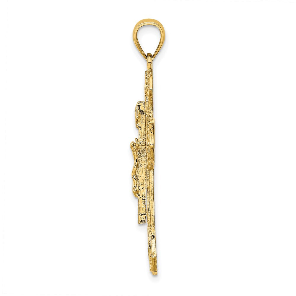 Million Charms 14K Yellow Gold Themed Textured Relgious Crucifix With Arrow Charm