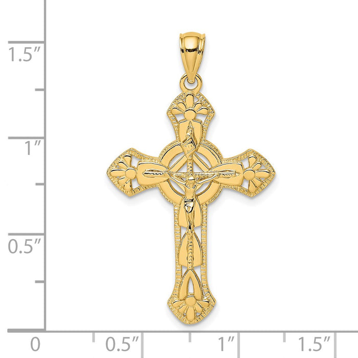 Million Charms 14K Yellow Gold Themed Textured Relgious Crucifix With Arrow Charm