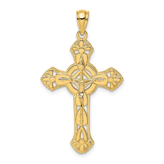 Million Charms 14K Yellow Gold Themed Textured Relgious Crucifix With Arrow Charm