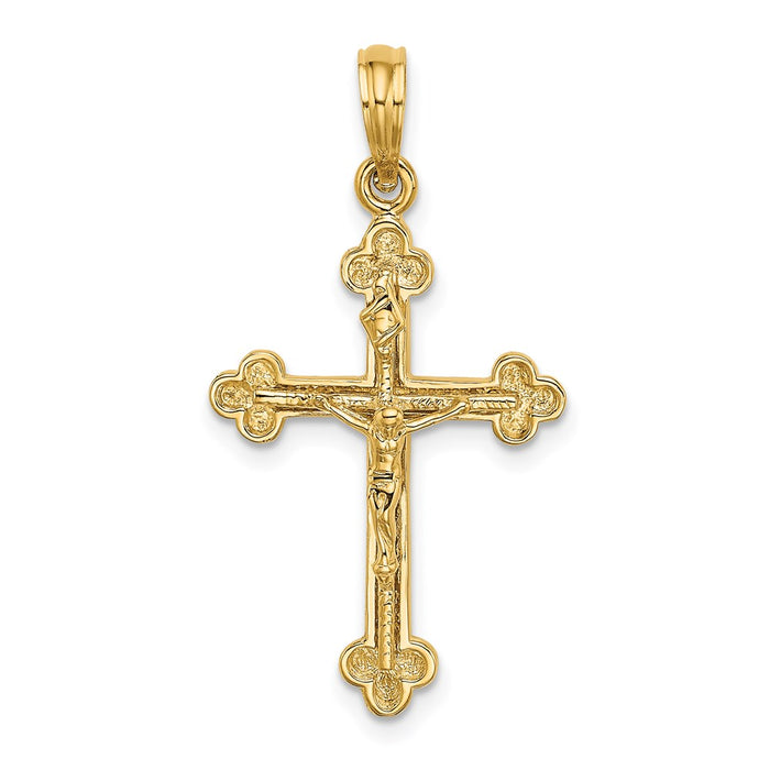 Million Charms 14K Yellow Gold Themed 2-D Narrow Relgious Crucifix With Spade Tips Charm