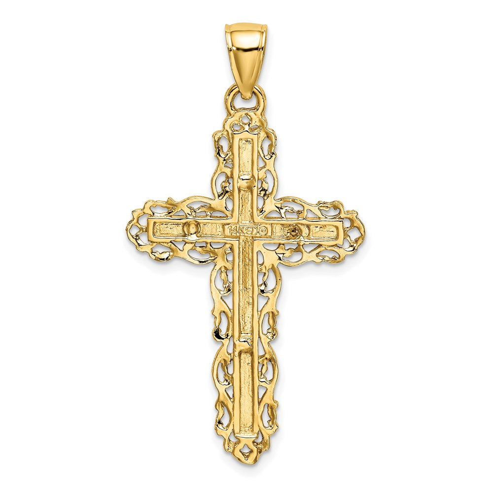 Million Charms 14K Yellow Gold Themed 2-D Relgious Cross With Lace Trim Charm
