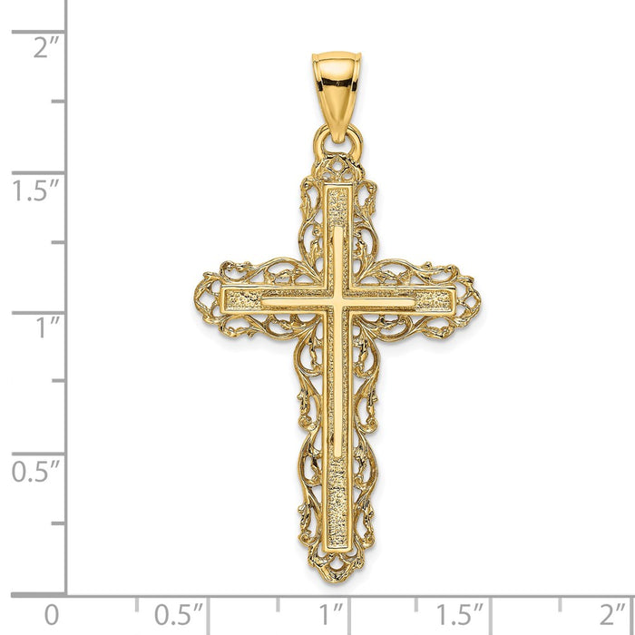 Million Charms 14K Yellow Gold Themed 2-D Relgious Cross With Lace Trim Charm