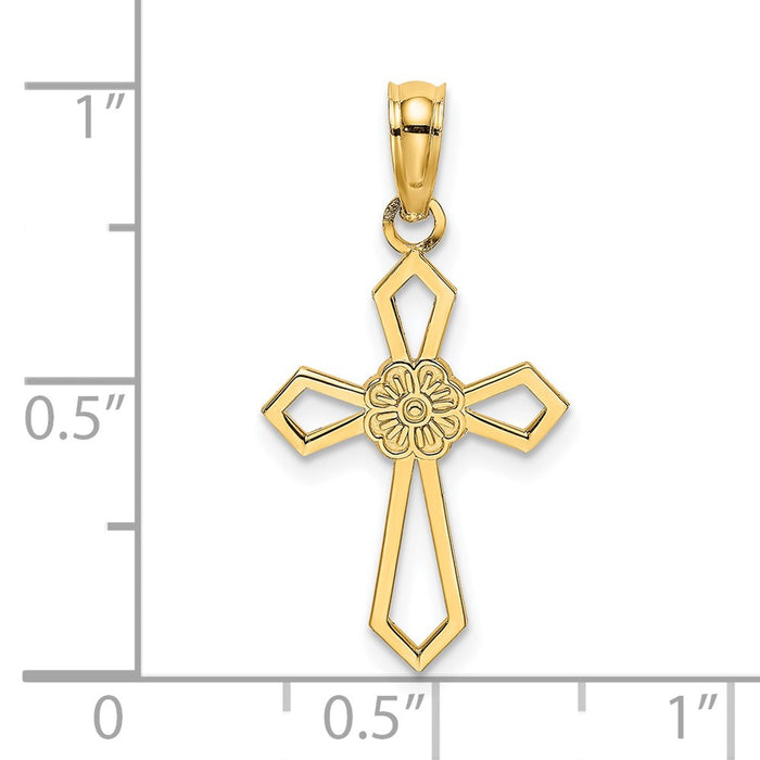 Million Charms 14K Yellow Gold Themed Cut-Out & Flat Relgious Cross With Flower Charm