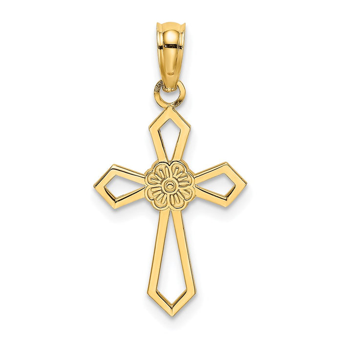 Million Charms 14K Yellow Gold Themed Cut-Out & Flat Relgious Cross With Flower Charm