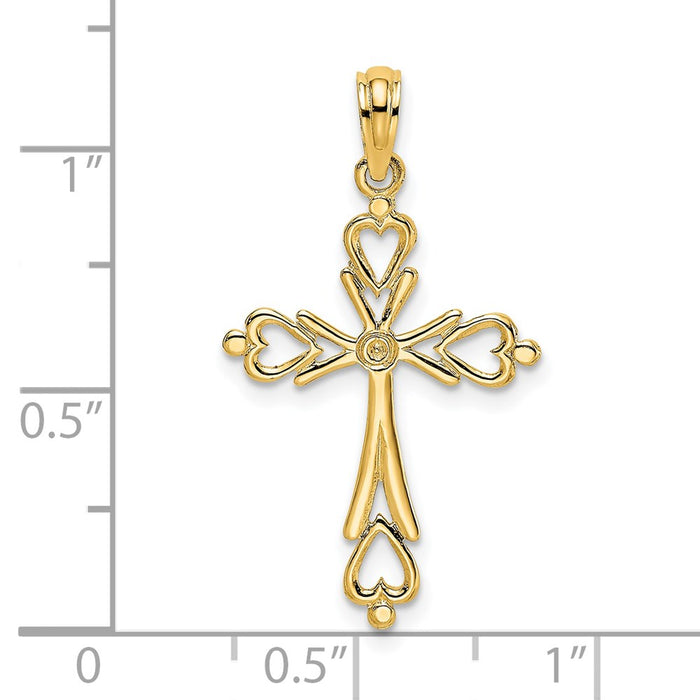 Million Charms 14K Yellow Gold Themed Relgious Cross Cut-Out With Heart Ends Charm