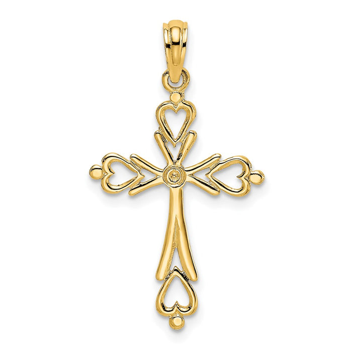 Million Charms 14K Yellow Gold Themed Relgious Cross Cut-Out With Heart Ends Charm