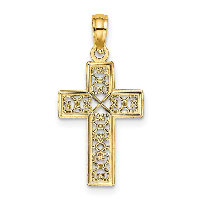Million Charms 14K Yellow Gold Themed Textured Lace Center Relgious Cross Charm