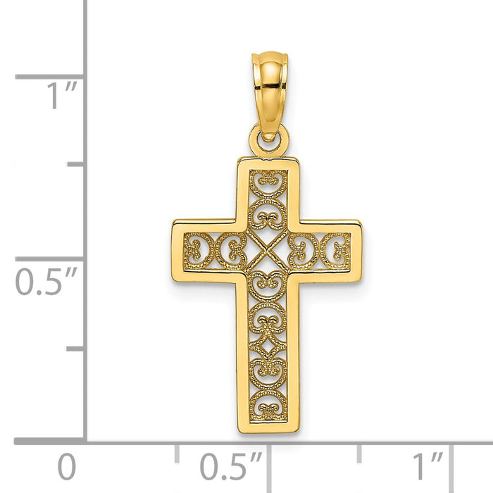 Million Charms 14K Yellow Gold Themed Textured Lace Center Relgious Cross Charm