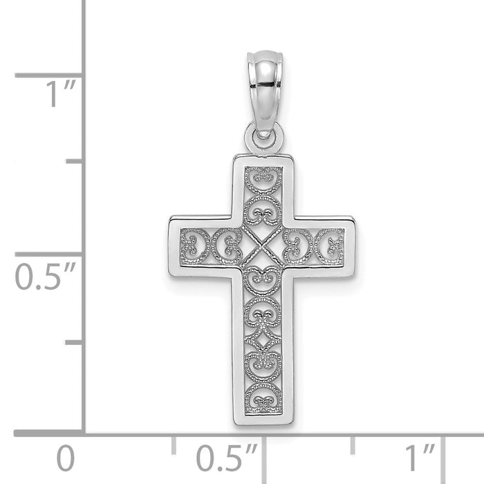Million Charms 14K White Gold Themed Textured Lace Center Relgious Cross Charm