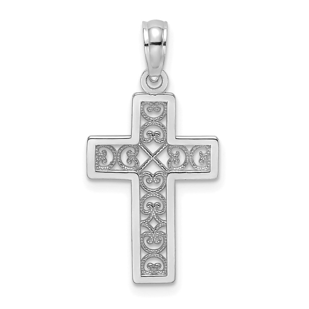 Million Charms 14K White Gold Themed Textured Lace Center Relgious Cross Charm