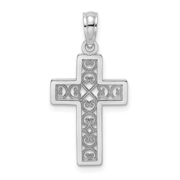 Million Charms 14K White Gold Themed Textured Lace Center Relgious Cross Charm