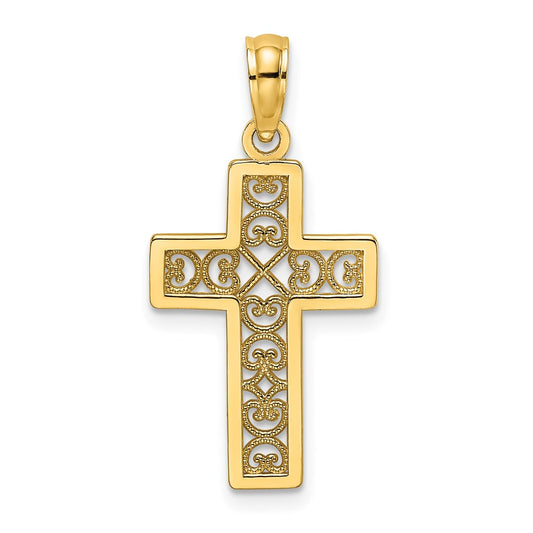 Million Charms 14K Yellow Gold Themed Textured Lace Center Relgious Cross Charm