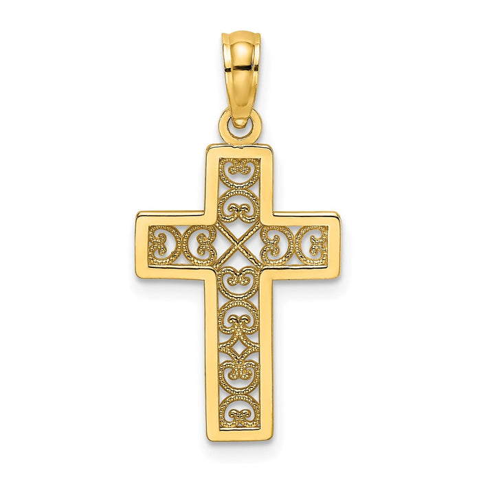Million Charms 14K Yellow Gold Themed Textured Lace Center Relgious Cross Charm