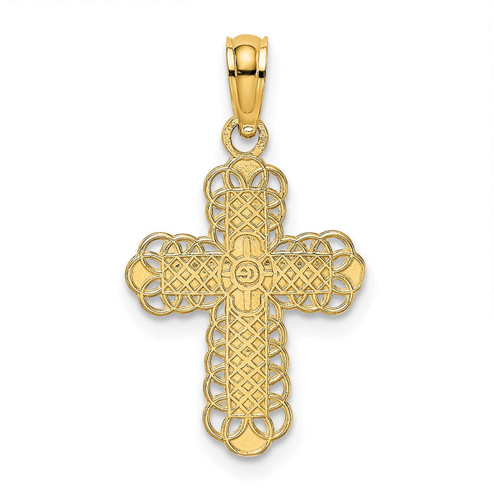Million Charms 14K Yellow Gold Themed Relgious Cross W Solid Center & Lace Trim Charm