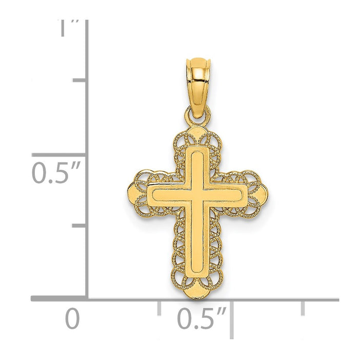 Million Charms 14K Yellow Gold Themed Relgious Cross W Solid Center & Lace Trim Charm