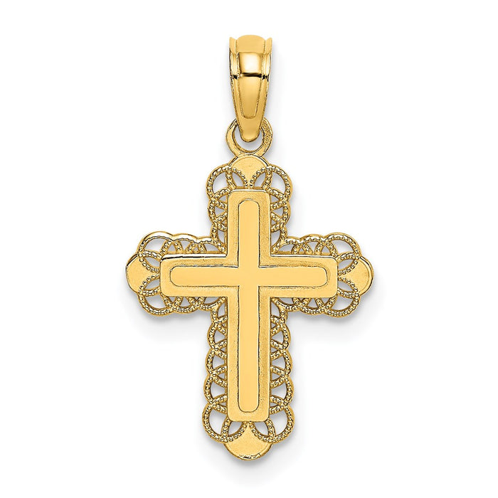 Million Charms 14K Yellow Gold Themed Relgious Cross W Solid Center & Lace Trim Charm