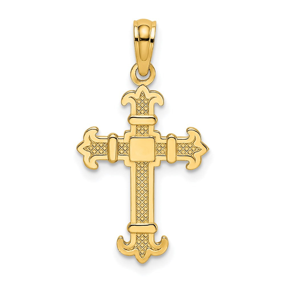 Million Charms 14K Yellow Gold Themed Square Center & Fleur De Lis Relgious Cross Charm