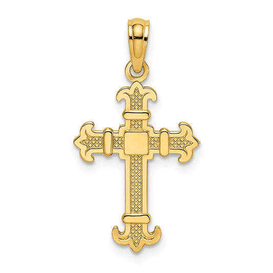 Million Charms 14K Yellow Gold Themed Square Center & Fleur De Lis Relgious Cross Charm