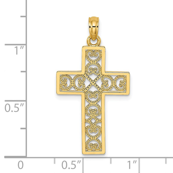 Million Charms 14K Yellow Gold Themed Polished Sqaure Relgious Cross With Heart Design Charm