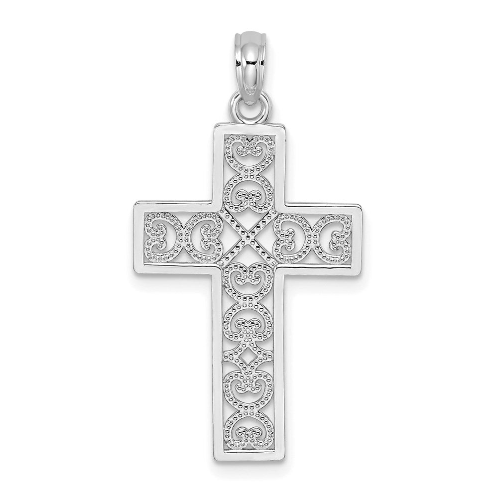 Million Charms 14K White Gold Themed Polished Sqaure Relgious Cross With Heart Design Charm