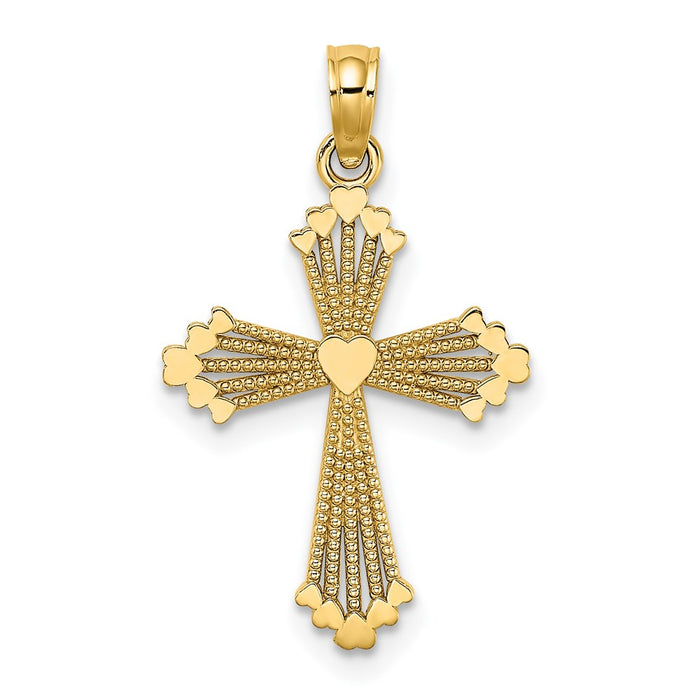 Million Charms 14K Yellow Gold Themed Cut-Out Stripes Relgious Cross With Heart Charm