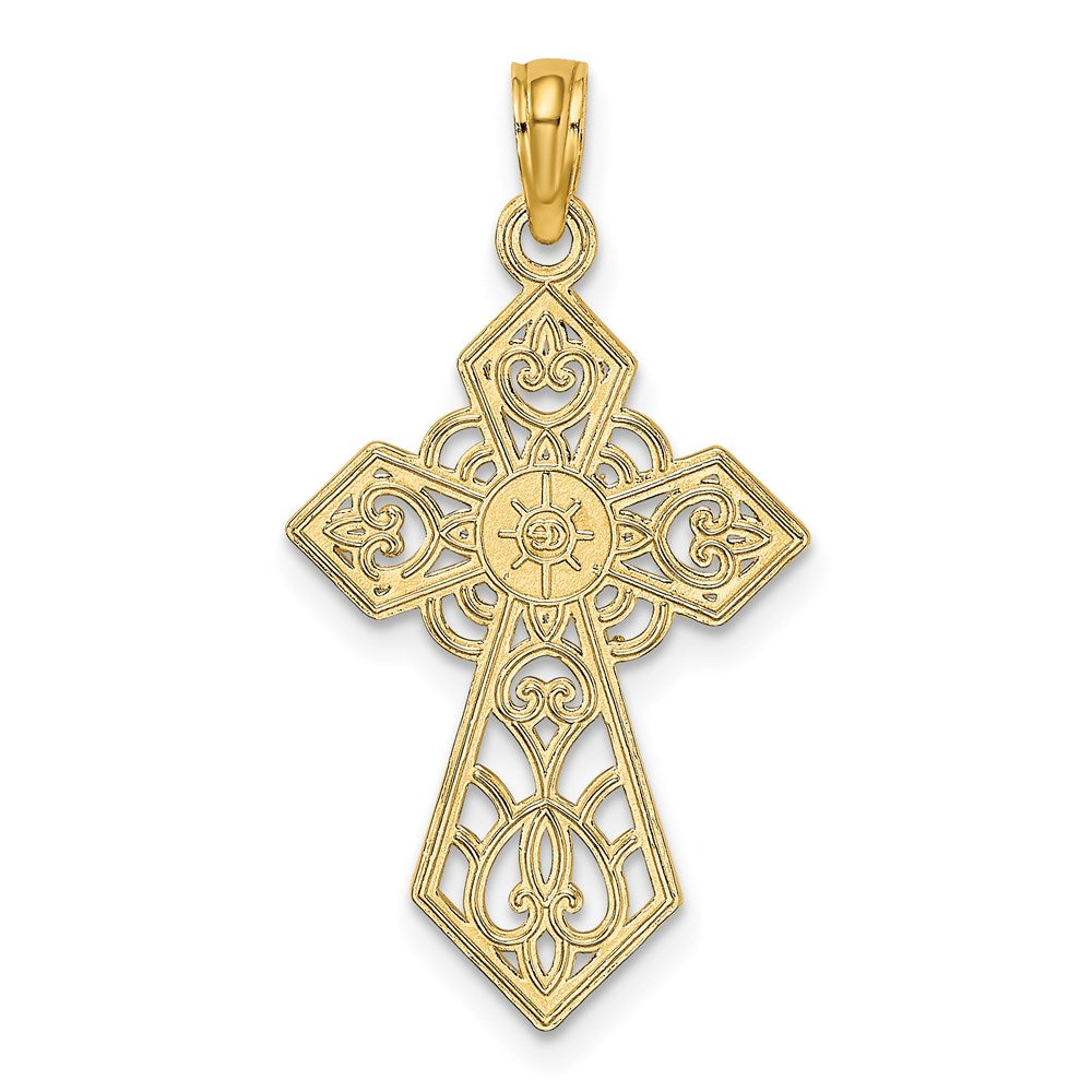 Million Charms 14K Yellow Gold Themed Polished & Lace Relgious Cross Charm