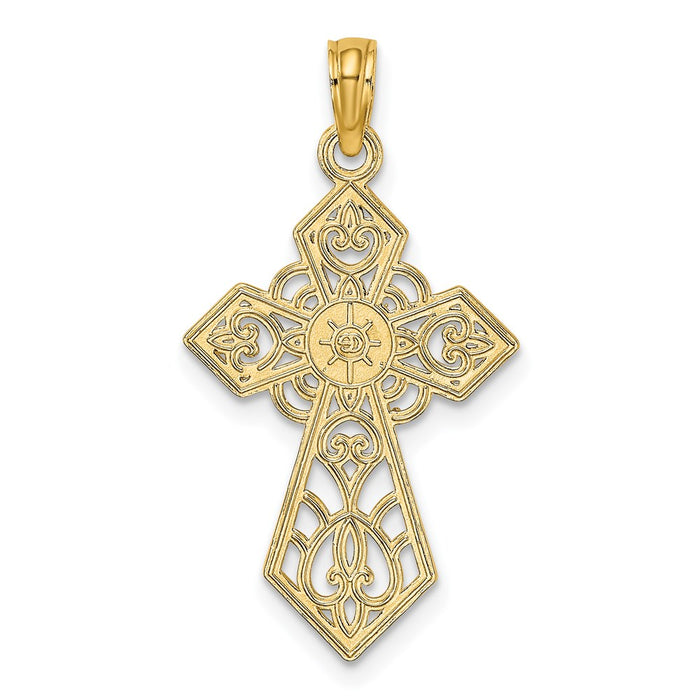 Million Charms 14K Yellow Gold Themed Polished & Lace Relgious Cross Charm