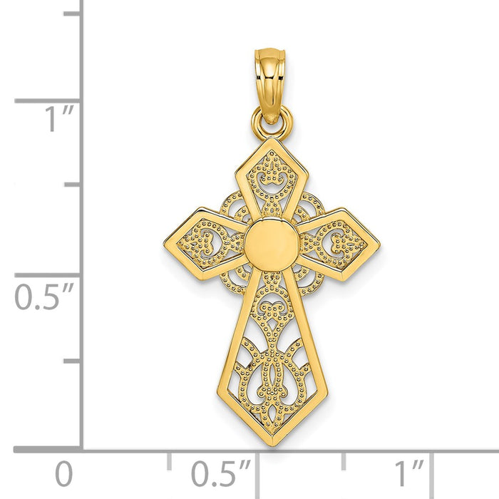 Million Charms 14K Yellow Gold Themed Polished & Lace Relgious Cross Charm